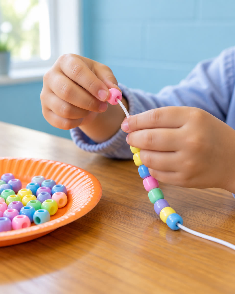 A child's hands stringing pastel beads onto a cord beside an orange paper plate