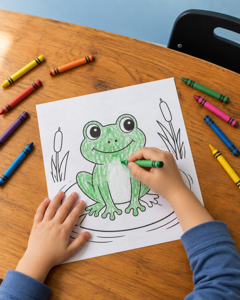 A child's hands coloring a frog worksheet with crayons at a wooden table
