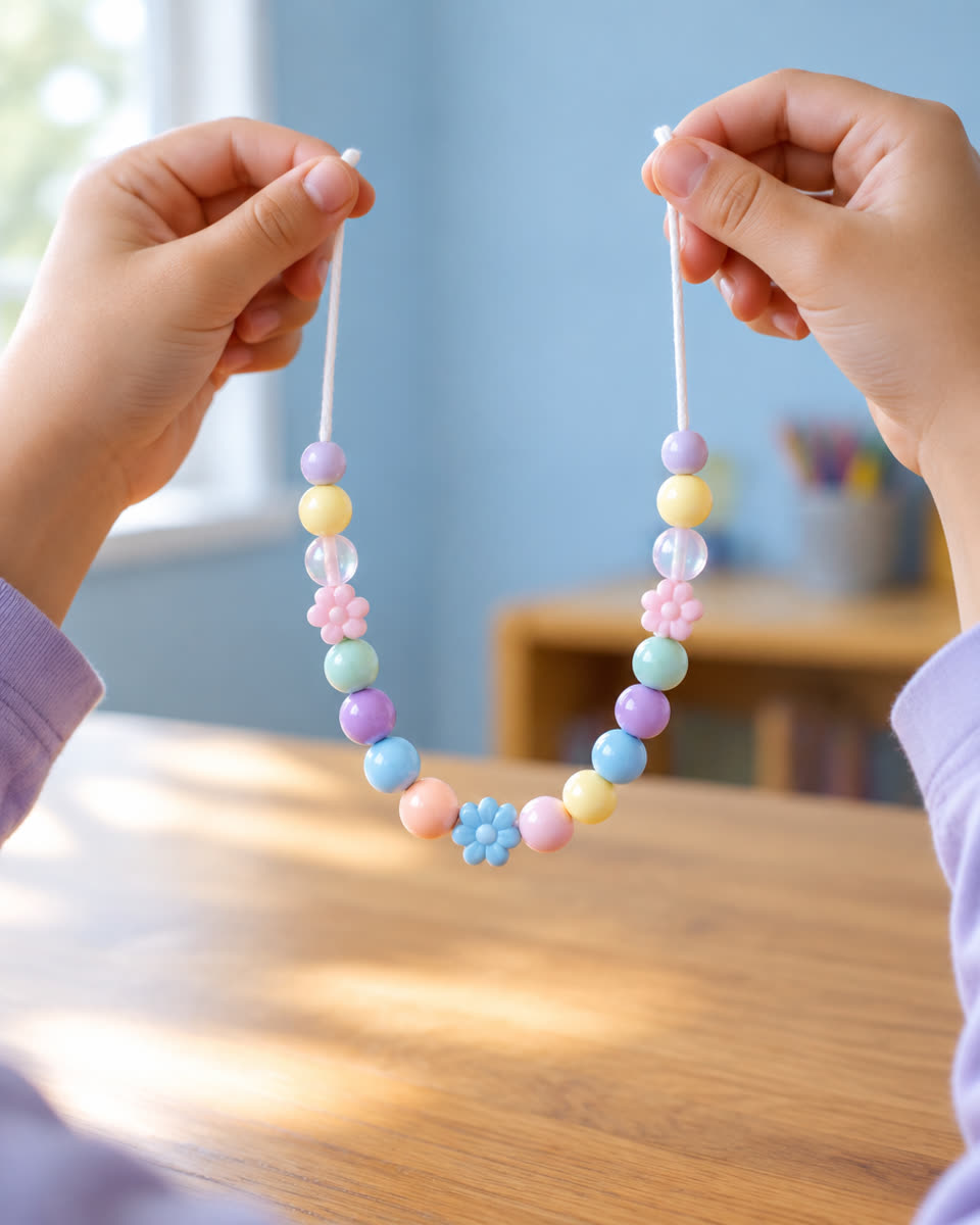 A child's hands holding up a finished pastel bead necklace toward the window light