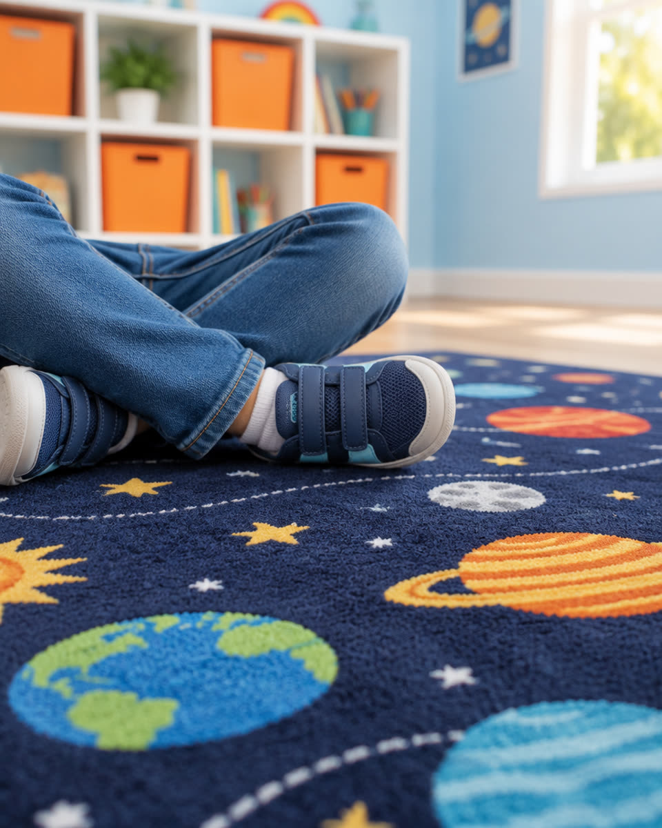 Small sneakers on a navy space-themed rug in front of white cubbies with orange bins